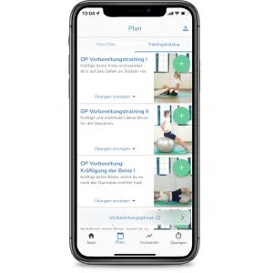 Smartphone mit geöffnetem Trainingsplan für die OP-Vorbereitung.